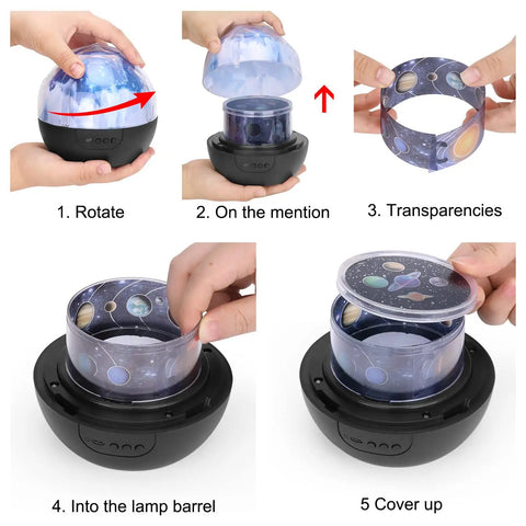 Step-by-step assembly of Kids Night Light With Starry Projector Lamp And Universe Glow, showing film insertion and setup.