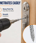 120 Pack Heavy Duty Nine By Three Inch Satin Nickel Door Hinge Screws With Lock Jaw Grip being installed with a drill.