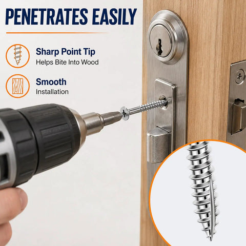 120 Pack Heavy Duty Nine By Three Inch Satin Nickel Door Hinge Screws With Lock Jaw Grip being installed with a drill.