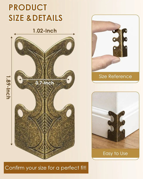 Built Like A Tank Solid Brass Wall Corner Guards Heavy Duty Bronze Baseboard Edge Protectors Rust Resistant Furniture Scuff Shields 16 Pack showing size details and installation.