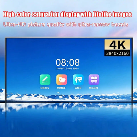 65 Inch 4K UHD Interactive Touch Monitor With Smooth Gliding Rolling Cart Stand Featuring Dual Operating Systems And Eye Relief Matte Anti Glare Ips Display For Classrooms Office Spaces And Home Theater with ultra-narrow bezels.