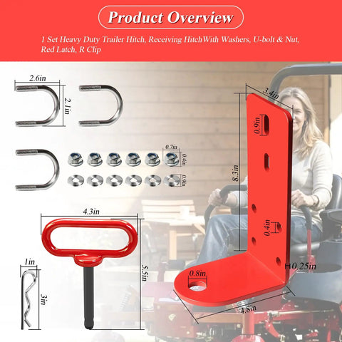 Heavy Duty 3/4 Inch Trailer Hitch Kit With Latch, U-Bolt, Nuts, Washers And R Clip For Zero Turn Lawn Mowers And Lawn Carts