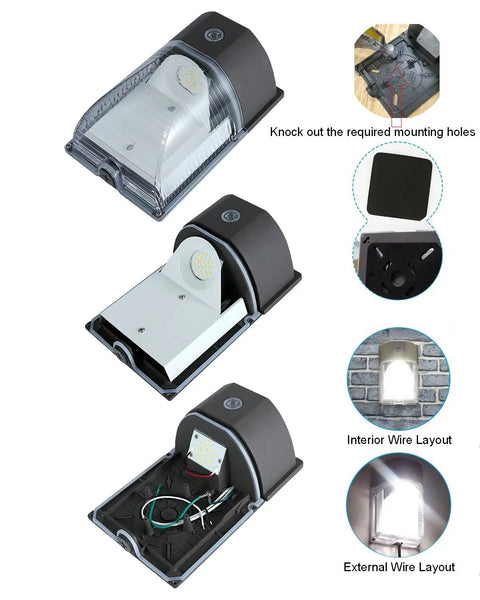 Two Pack 26W LED Wall Pack Light Outdoor Dusk To Dawn Photocell Auto On Off 3000 Lumens with installation and wiring details