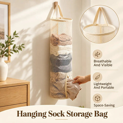 Round Hanging Mesh Sock Storage Bag With Nylon Pockets For Closet Door Organization And Dorm Room Essentials Quick Access Laundry Solution To Keep Your Socks Legit Neat And Pretty Dang Slick, hanging with assorted socks inside.