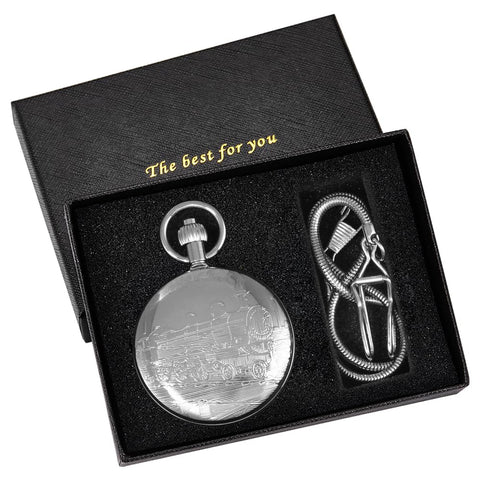 Vintage Silver Train London Design Hand Wind Mechanical Pocket Watch With Chain No Battery Needed Keeps Time Daily Old School Rail Style For Collectors And Gentlemen