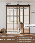 Heavy Duty 4Ft Bypass Sliding Barn Door Hardware Kit Built Tough For Two Doors Single Track System With Smooth Quiet Glide Top Mount Hangers Rust Resistant Black Steel Rail Ideal For Farmhouse Or Modern Living Spaces Door Not Included installed on wooden doors, showing measurements and guidelines for door thickness and gap size.