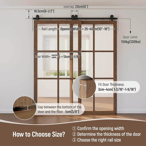 Heavy Duty 4Ft Bypass Sliding Barn Door Hardware Kit Built Tough For Two Doors Single Track System With Smooth Quiet Glide Top Mount Hangers Rust Resistant Black Steel Rail Ideal For Farmhouse Or Modern Living Spaces Door Not Included installed on wooden doors, showing measurements and guidelines for door thickness and gap size.