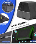 All Weather Golf Cart Cover For 2 Or 4 Passengers Fits EZGO Club Car Yamaha 420D Waterproof Windproof Sunproof Outdoor Full Cover Black Gray showing velcro, air vents, zipper, and protective features.