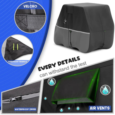 All Weather Golf Cart Cover For 2 Or 4 Passengers Fits EZGO Club Car Yamaha 420D Waterproof Windproof Sunproof Outdoor Full Cover Black Gray showing velcro, air vents, zipper, and protective features.