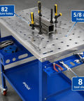 Boss Level Portable Welding Table 36 By 18 Inch Steel Workbench With Hella Tough 1200 Lb Load Rating Brake Lock Casters And Killer Tool Tray For Garage Projects, showing 82 fixture holes and tool slots.