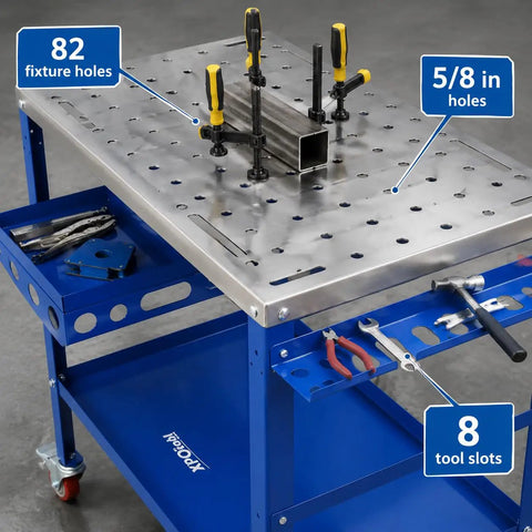Boss Level Portable Welding Table 36 By 18 Inch Steel Workbench With Hella Tough 1200 Lb Load Rating Brake Lock Casters And Killer Tool Tray For Garage Projects, showing 82 fixture holes and tool slots.