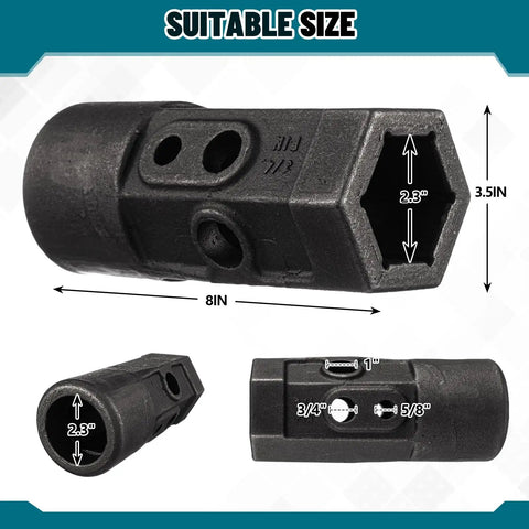 2.3 Inch Auger Adapter Female Hex To Round Shaft For Heavy Duty Weld-On Repair Hub Fits Five Eighths Inch, Three Quarters Inch, And One Inch Pin Holes Alloy Steel Attachment For Post Hole Diggers And Extensions with dimensions shown