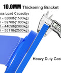 Close-up of thick blue bracket, 10mm measurement shown for Four Pack Heavy Duty Swivel Plate Caster With Brakes Rock Solid 3300 Lbs Load Capacity.