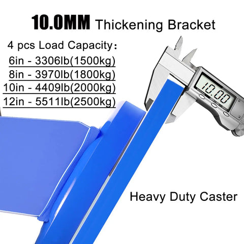 Close-up of thick blue bracket, 10mm measurement shown for Four Pack Heavy Duty Swivel Plate Caster With Brakes Rock Solid 3300 Lbs Load Capacity.