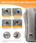 Inflatable Travel Neck Pillow With Eye Mask And Ear Plugs, close-up of gray PVC flocking pillow with inflation instructions.