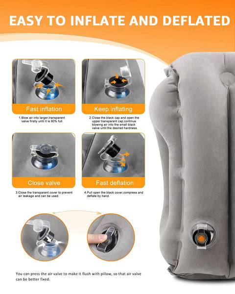 Inflatable Travel Neck Pillow With Eye Mask And Ear Plugs, close-up of gray PVC flocking pillow with inflation instructions.