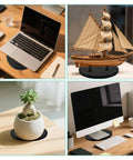 8 Inch Heavy Duty Rotating Swivel Stand With 360 Degree Rotation And Steel Ball Bearings, supporting various items like laptop, model, plant, and monitor.