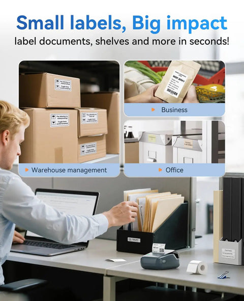 Super Slick 2 Inch Bluetooth Label Printer For Home Organization With Dead Simple Smartphone App Setup And Fast PC Sync Feature Wrapped In Vibrant Blue Shell in office setting with labeled boxes and files.