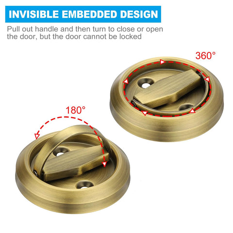 Recessed Round Flush Door Handles Set 2 Pieces Stainless Steel Hidden Embedded Pulls showing rotation angles for doors and furniture.