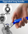 Close-up of Three Quarter Inch Female NPT Ball Valve 304 Stainless Steel with blue handle illustrating shut-off positions