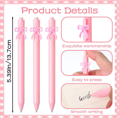 Pink Bow Pens Set 10 Pack Aesthetic Retractable Ballpoint Pens With Cute Bow Decor, Smooth Black Ink, pen size shown