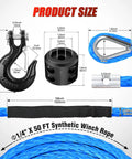 Quarter Inch Fifty Foot Synthetic Heavy Duty Winch Rope 9000 Lb Capacity with steel hook, protective sleeve, rubber stopper.