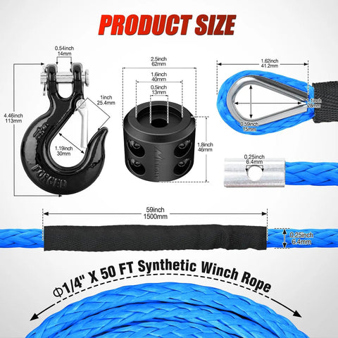 Quarter Inch Fifty Foot Synthetic Heavy Duty Winch Rope 9000 Lb Capacity with steel hook, protective sleeve, rubber stopper.
