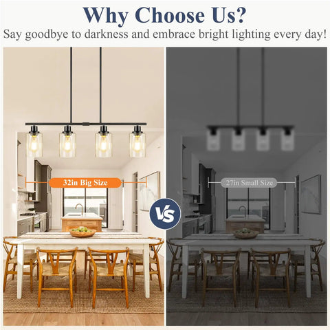 32 Inch 4 Light Matte Black Bar Light With Rustic Farmhouse Charm For Kitchen Island And Dining Room Ceiling Hanging Lamp illuminated over dining table.
