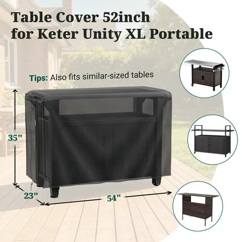Built To Last Heavy Duty Outdoor Prep Table Cover For Unity XL Portable Rolling Cart Protects Grill Station And Outdoor Kitchen Island With 600D Waterproof Tear Resistant Vinyl Coated Polyester, showing cover dimensions at 54x23x35 inches on black cart.
