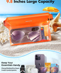 Waterproof Phone Pouch 2 Pack With Adjustable Waist Strap 9.8 Inch Front Window SGS IP68 Floating Dry Bag on beach with essentials