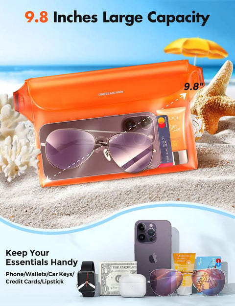 Waterproof Phone Pouch 2 Pack With Adjustable Waist Strap 9.8 Inch Front Window SGS IP68 Floating Dry Bag on beach with essentials