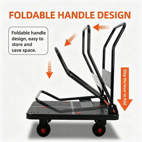 Heavy Duty Folding Platform Hand Truck With Foldable Handle, Flatbed Dolly Cart With Silent Wheels, 73x47 cm black steel