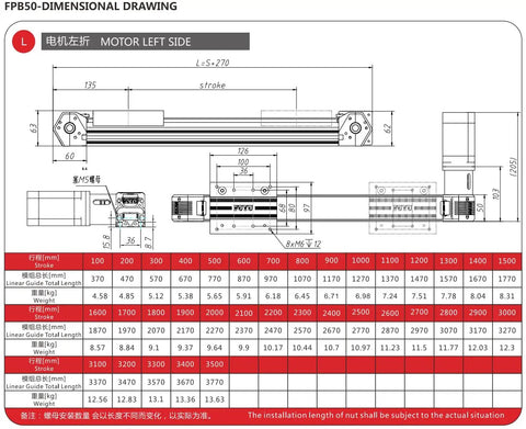 Dimensional drawing of CNC Linear Rail Slide Belt Drive Stage With 1000mm Stroke For Router Parts Motorized Actuator