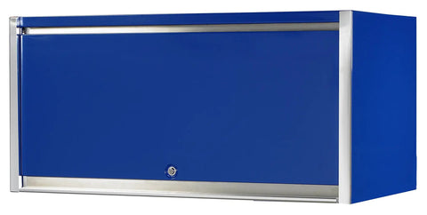 Beast Mode Fully Assembled Work Station Hutch Fifty Five Inches Wide with blue high gloss finish and stainless steel details