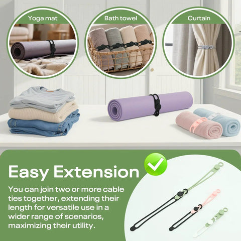 Silicone Cable Ties Reusable Elastic Wire Organizer Ties for Charging Cables and Electrical Cords USB Data Cable Management Computer Wires Cord Organizer in 6 Colors and 3 Sizes with Secure Locking organizing a yoga mat, towels, and curtain.