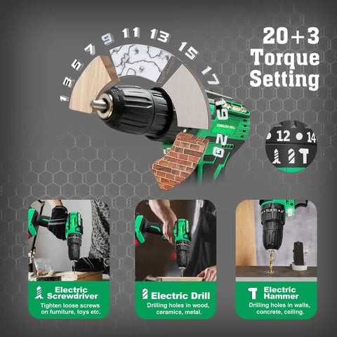 Cordless Brushless Drill Kit With Charger And Two 2Ah Li Ion Batteries 400 In Lbs Torque Dual Speed Settings usage guide displayed