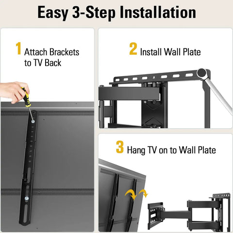 Easy installation steps for Heavy Duty Full Motion TV Wall Mount For 32 To 70 Inch Sets Up To 99 Lbs.