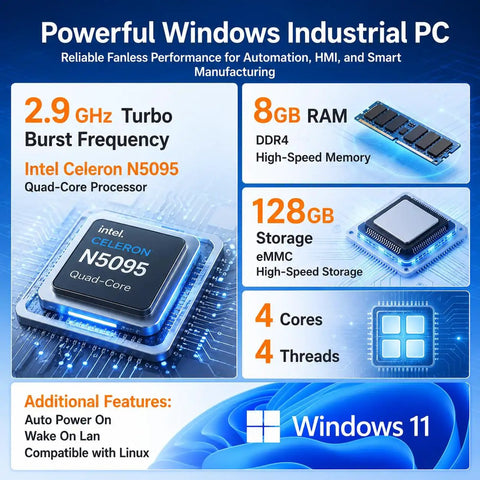 15.6 Inch Industrial Touchscreen All In One Pc With Win 11 Pro Celeron N5095 showing features like quad-core processor and RAM.