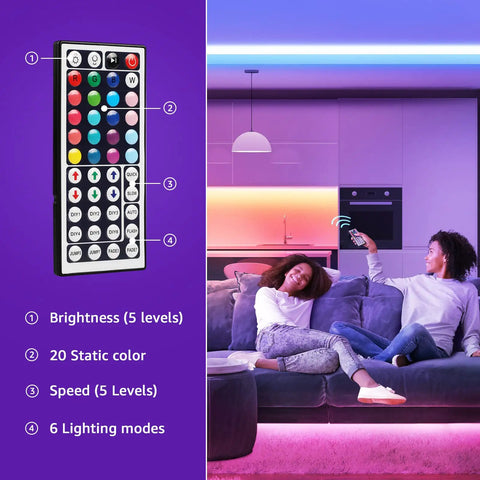65.6 Foot Ultra Long RGB LED Strip Lights With Remote Control in living room setting, showing remote functions and color lighting options