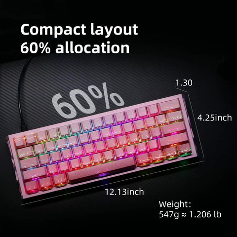 Dope Compact Mechanical Gaming Keyboard With 61 Hot Swappable Keys Offering 17 Flexible RGB Effects To Level Up Your Gameplay And Enjoy Smooth Typing Sessions, top view with RGB lighting.
