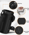 Universal Bike Cup Holder With Phone Pockets For Stroller Walker Golf Cart Rollator And Scooter Adjustable 1.5 To 2.3 Inch Handlebar Anti Slip Velcro Straps Fits Road Mountain And Electric Bikes Outdoor Black with features labeled; drawstring, easy wipe clean interior, anti-slip textures, water-resistant exterior