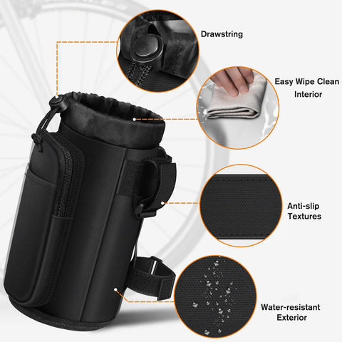 Universal Bike Cup Holder With Phone Pockets For Stroller Walker Golf Cart Rollator And Scooter Adjustable 1.5 To 2.3 Inch Handlebar Anti Slip Velcro Straps Fits Road Mountain And Electric Bikes Outdoor Black with features labeled; drawstring, easy wipe clean interior, anti-slip textures, water-resistant exterior