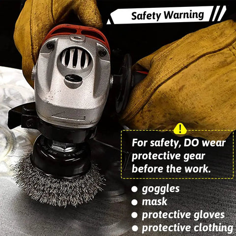 Close-up of a wire brush attached to a drill, part of a Budget Friendly 21 Piece Wire Brush Drill Set With Abrasive Wheels Cups And End Brushes For Quarter Inch Hex Shank Coarse Crimped Carbon Steel Attachments For Deburring Rust Removal Surface Prep And DIY Home Projects, shown with safety warning for protective gear use.