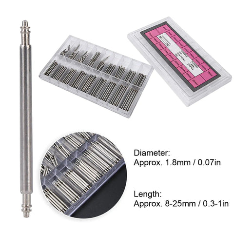 Stainless Steel Watch Band Spring Bars And Link Pins Kit 270 Pieces 1.8mm Replacement Pins with 8mm to 25mm Length Options