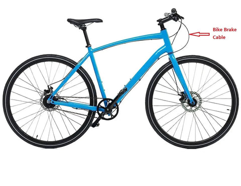 Blue bike with installed Universal Bike Brake Cable And Housing Kit 9.8 Feet Black, showing cable connection to brakes.