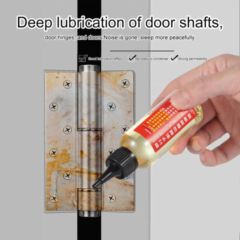 Applying Door Hinge Lubricant Penetrating Oil For No More Squeaks And Rust Prevention to rusty door hinge.