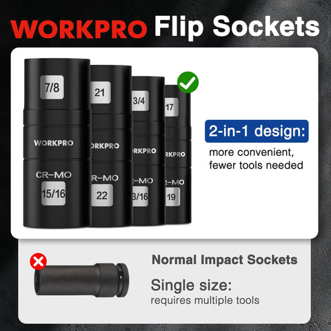 5-Piece 1/2 Inch Drive Impact Socket Set With 3 Inch Extension Bar, Cr-Mo Steel Lug Nut And Wheel Sockets, Includes 4 Flip Sockets Covering 6 Metric And SAE Sizes For Tough Auto Work displayed in 2-in-1 design with labeled sizes