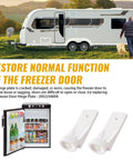 RV Freezer Door Hinge Plate Replacement For 2002244008 And 330019 shown with RV freezer, hinge plates, and screws.
