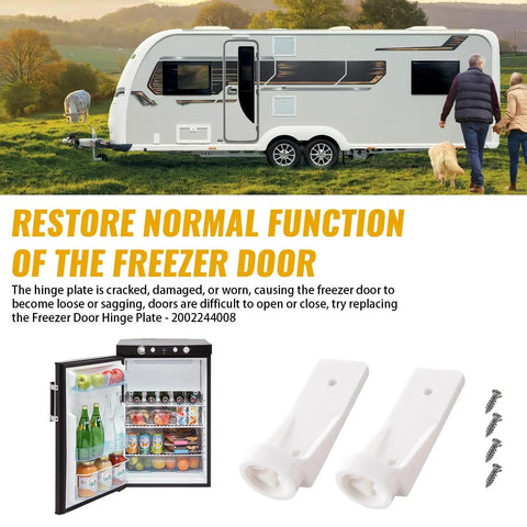 RV Freezer Door Hinge Plate Replacement For 2002244008 And 330019 shown with RV freezer, hinge plates, and screws.