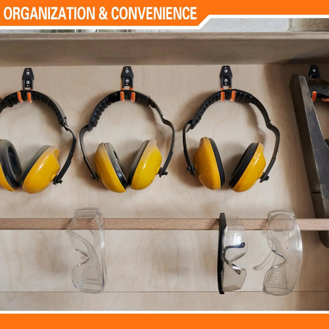Six pack heavy duty garage hooks J shaped wall mounted organizer for ladders bikes tires hose and bulk tools visible